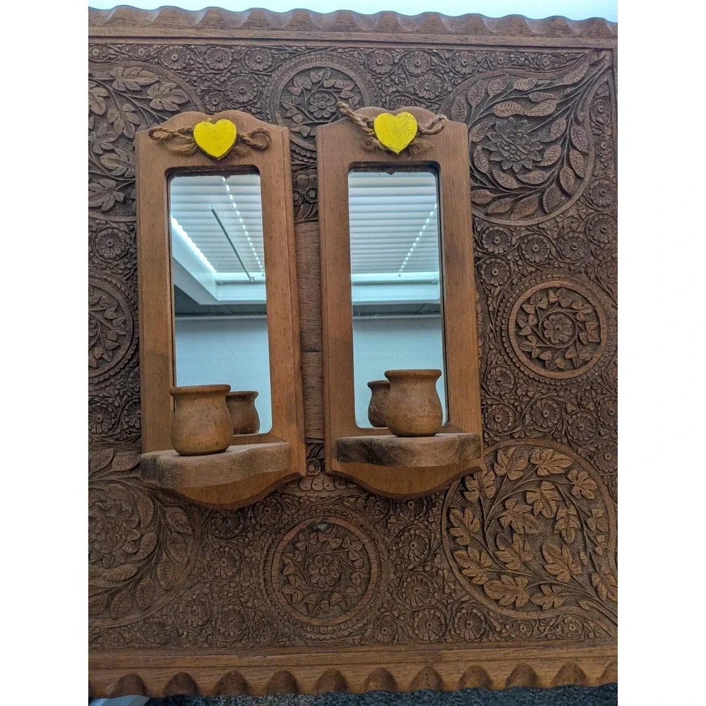 Vintage Wooden Mirror Sconce Wall Candle Holder Set Of 2 11.5 Inch Grannycore